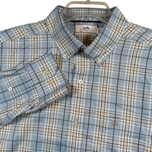 Southern Tide Mens Large Blue Plaid Performance Button Down Shirt Stretch Large